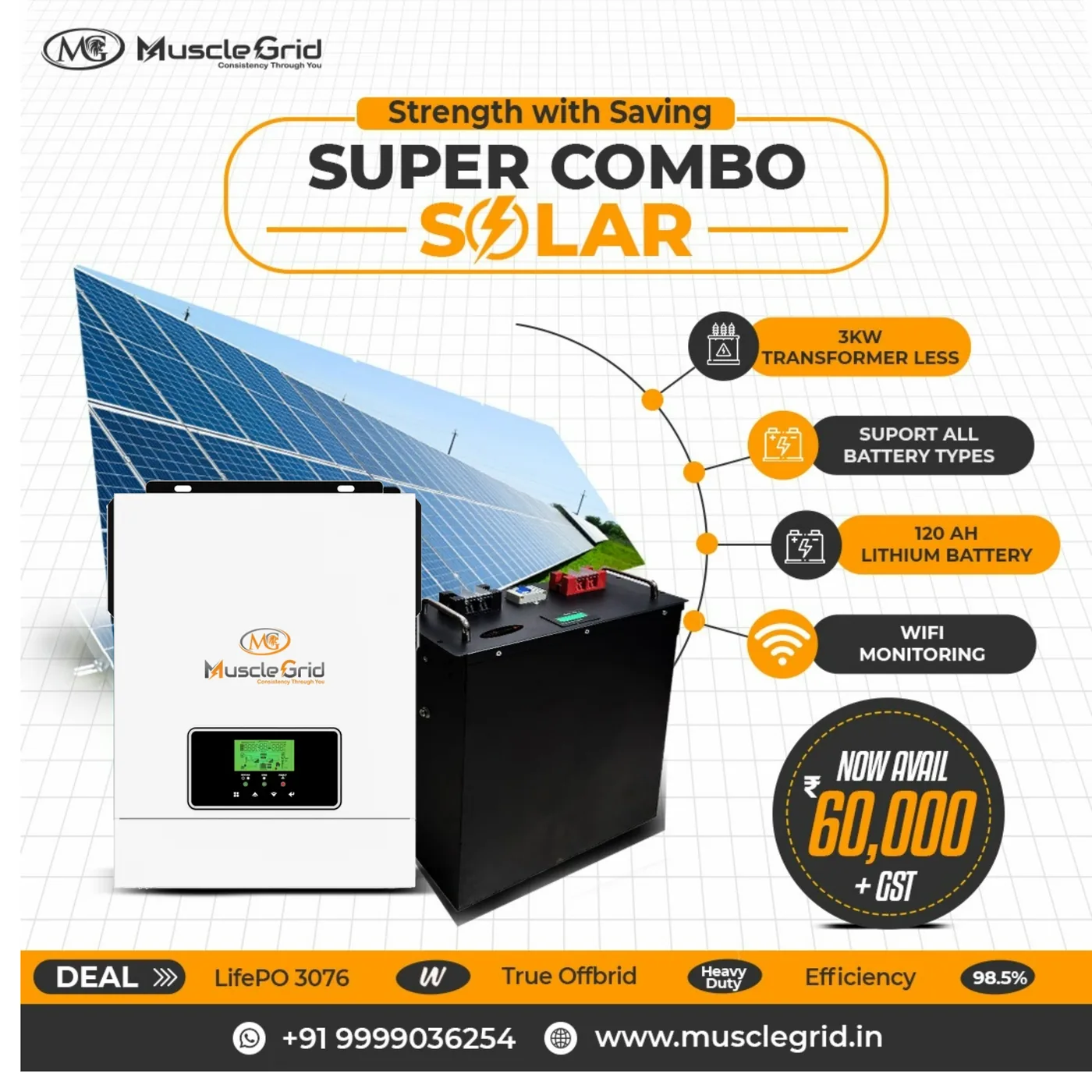 MuscleGrid 3 kW Inverter + Lithium Battery Combo
